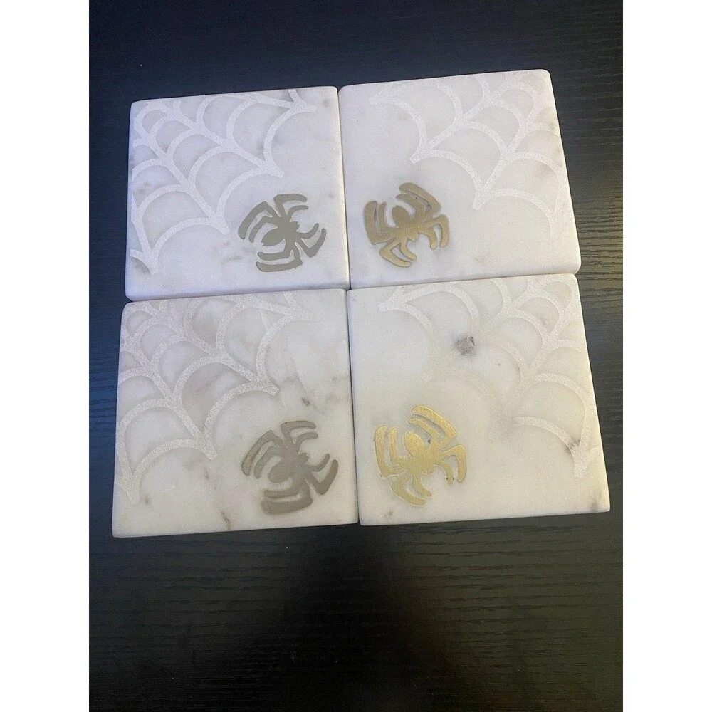 Coaster set of 4 Spooky Hallow spider and webb square heavy Marble coasters 4X4